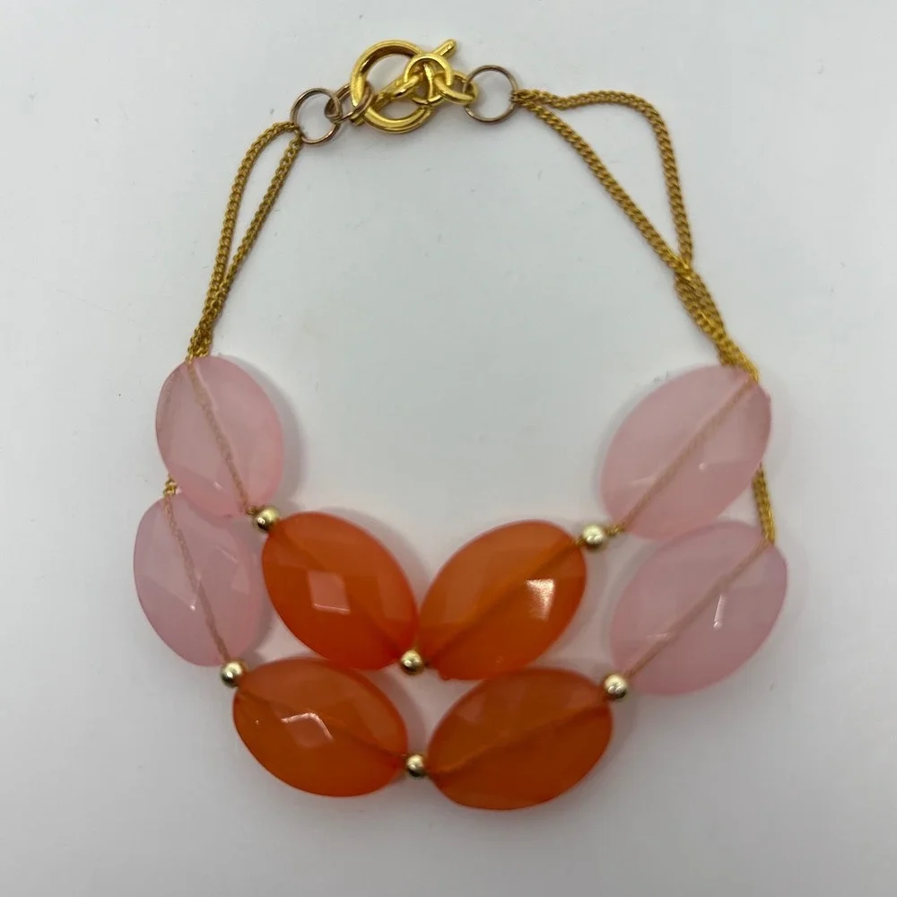 Two Strand Gemstone Bracelet Gold Tone Orange Pink‎ Faceted Beaded Toggle Clasp